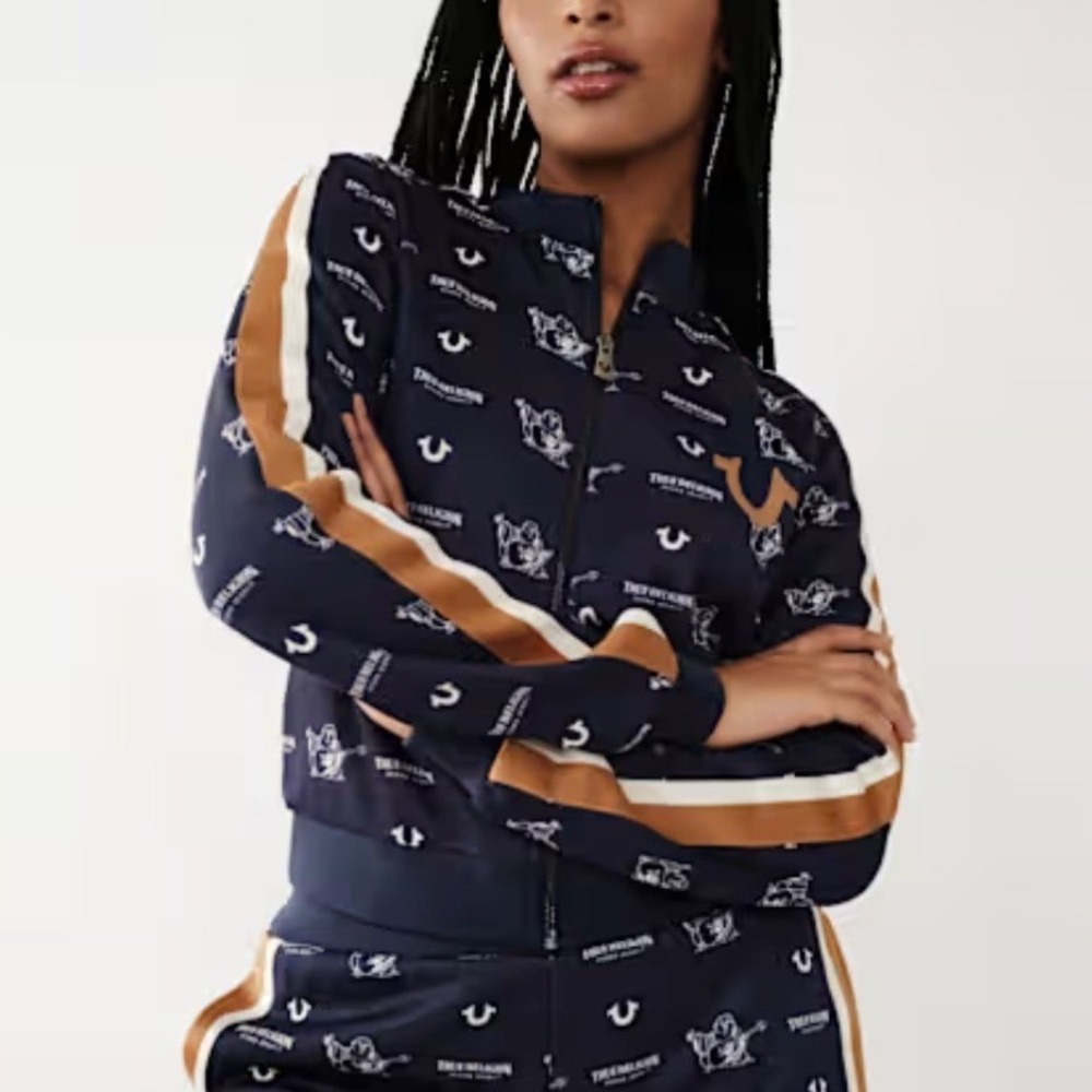 True Religion Womens‎ Monogram Track Jacket Navy Blue Buddha Logo XS Full Zip